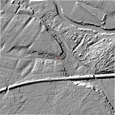 Shaded relief map of the ground around BH65QQ, computed from Environment Agency LiDAR. The ground here sits at about 6 m above sea level and falls 15 m across the surrounding 800 m. Surface water reaching this point runs off ground lying to the west-south-west, 9.4 m higher.