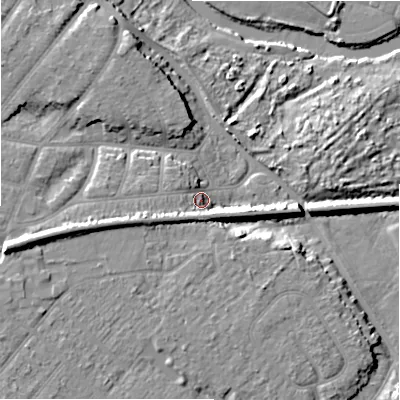 Shaded relief map of the ground around BH65QS, computed from Environment Agency LiDAR. The ground here sits at about 6 m above sea level and falls 14 m across the surrounding 800 m. Surface water reaching this point runs off ground lying to the west-south-west, 8.1 m higher.