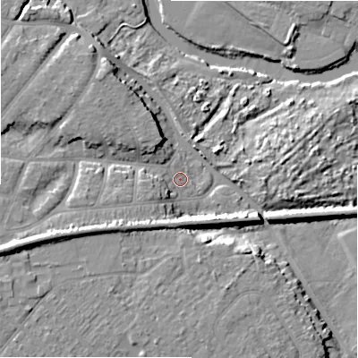 Shaded relief map of the ground around BH65QX, computed from Environment Agency LiDAR. The ground here sits at about 5 m above sea level and falls 14 m across the surrounding 800 m. Surface water reaching this point runs off ground lying to the west-south-west, 4.4 m higher.