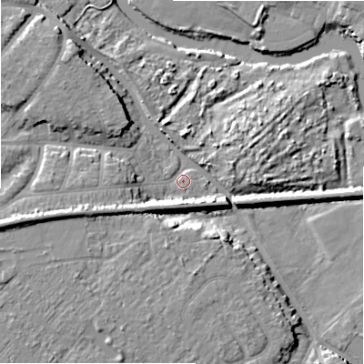 Shaded relief map of the ground around BH65QY, computed from Environment Agency LiDAR. The ground here sits at about 5 m above sea level and falls 13 m across the surrounding 800 m. Surface water reaching this point runs off ground lying to the west-south-west, 9.2 m higher.