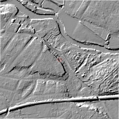 Shaded relief map of the ground around BH65QZ, computed from Environment Agency LiDAR. The ground here sits at about 5 m above sea level and falls 15 m across the surrounding 800 m. Surface water reaching this point runs off ground lying to the west, 6.9 m higher.