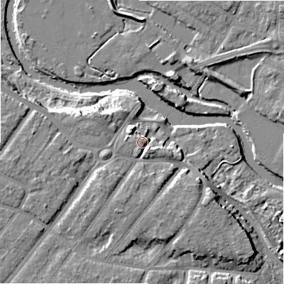 Shaded relief map of the ground around BH65RF, computed from Environment Agency LiDAR. The ground here sits at about 10 m above sea level and falls 12 m across the surrounding 800 m. Surface water reaching this point runs off ground lying to the south-west, 6.3 m higher.