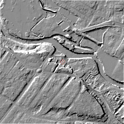 Shaded relief map of the ground around BH65RG, computed from Environment Agency LiDAR. The ground here sits at about 4 m above sea level and falls 12 m across the surrounding 800 m. Surface water reaching this point runs off ground lying to the south-west, 8.1 m higher.