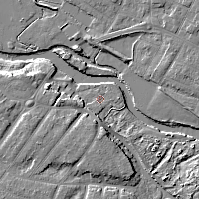Shaded relief map of the ground around BH65RQ, computed from Environment Agency LiDAR. The ground here sits at about 3 m above sea level and falls 11 m across the surrounding 800 m. Surface water reaching this point runs off ground lying to the west-south-west, 8.9 m higher.