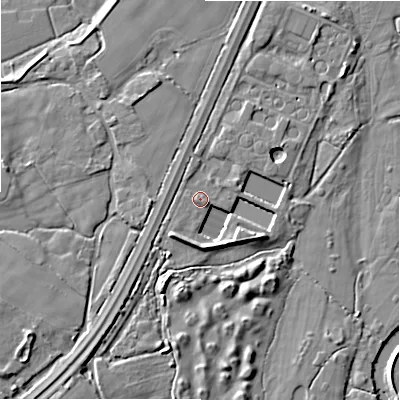 Shaded relief map of the ground around BH77ES, computed from Environment Agency LiDAR. The ground here sits at about 6 m above sea level and falls 9 m across the surrounding 800 m. Surface water reaching this point runs off ground lying to the south-west, 5.6 m higher.