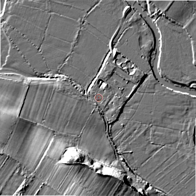 Shaded relief map of the ground around BH80AJ, computed from Environment Agency LiDAR. The ground here sits at about 7 m above sea level and falls 18 m across the surrounding 800 m. Surface water reaching this point runs off ground lying to the east-north-east, 1.7 m higher.