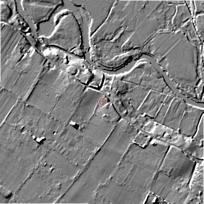 Shaded relief map of the ground around BH80DL, computed from Environment Agency LiDAR. The ground here sits at about 10 m above sea level and falls 14 m across the surrounding 800 m. Surface water reaching this point runs off ground lying to the south-west, 6.2 m higher.