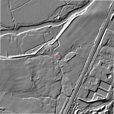 Shaded relief map of the ground around BH80DU, computed from Environment Agency LiDAR. The ground here sits at about 6 m above sea level and falls 7 m across the surrounding 800 m. Surface water reaching this point runs off ground lying to the east-south-east, 2.0 m higher.