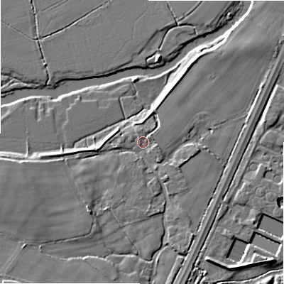 Shaded relief map of the ground around BH80ED, computed from Environment Agency LiDAR. The ground here sits at about 5 m above sea level and falls 7 m across the surrounding 800 m. Surface water reaching this point runs off ground lying to the west-south-west, 4.6 m higher.