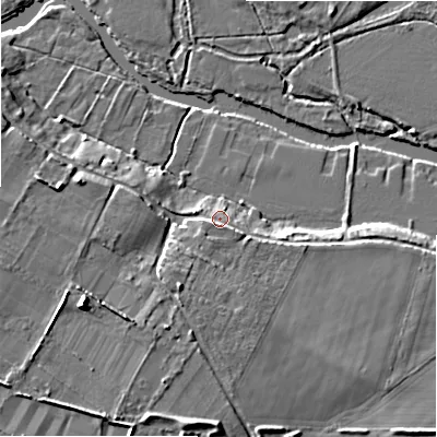 Shaded relief map of the ground around BH80EF, computed from Environment Agency LiDAR. The ground here sits at about 7 m above sea level and falls 11 m across the surrounding 800 m. Surface water reaching this point runs off ground lying to the south, 3.4 m higher.