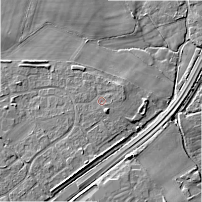 Shaded relief map of the ground around BH80LD, computed from Environment Agency LiDAR. The ground here sits at about 9 m above sea level and falls 8 m across the surrounding 800 m. Surface water reaching this point runs off ground lying to the west-south-west, 0.8 m higher.