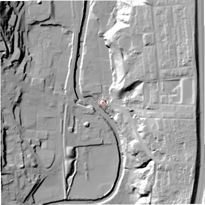 Shaded relief map of the ground around BL00AA, computed from Environment Agency LiDAR. The ground here sits at about 127 m above sea level and falls 41 m across the surrounding 800 m. Surface water reaching this point runs off ground lying to the north-east, 39.6 m higher.