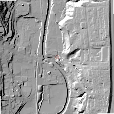 Shaded relief map of the ground around BL00AB, computed from Environment Agency LiDAR. The ground here sits at about 126 m above sea level and falls 41 m across the surrounding 800 m. Surface water reaching this point runs off ground lying to the east, 20.1 m higher.