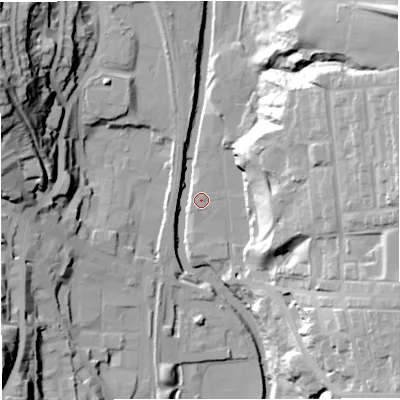 Shaded relief map of the ground around BL00AD, computed from Environment Agency LiDAR. The ground here sits at about 126 m above sea level and falls 45 m across the surrounding 800 m. Surface water reaching this point runs off ground lying to the west-north-west, 41.0 m higher.