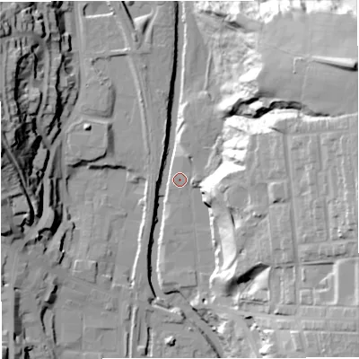 Shaded relief map of the ground around BL00AE, computed from Environment Agency LiDAR. The ground here sits at about 127 m above sea level and falls 44 m across the surrounding 800 m. Surface water reaching this point runs off ground lying to the east-north-east, 38.4 m higher.