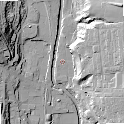 Shaded relief map of the ground around BL00AH, computed from Environment Agency LiDAR. The ground here sits at about 126 m above sea level and falls 45 m across the surrounding 800 m. The ground contributing surface water to this point lies to the west-south-west.