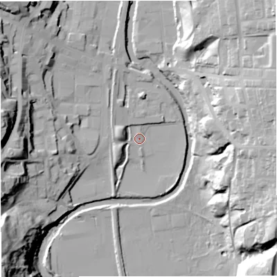 Shaded relief map of the ground around BL00BS, computed from Environment Agency LiDAR. The ground here sits at about 124 m above sea level and falls 39 m across the surrounding 800 m. Surface water reaching this point runs off ground lying to the west-north-west, 6.7 m higher.