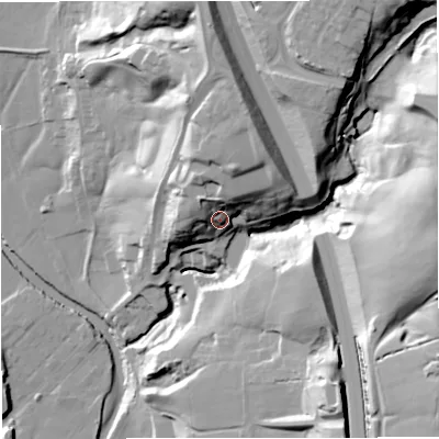 Shaded relief map of the ground around BL00EX, computed from Environment Agency LiDAR. The ground here sits at about 151 m above sea level and falls 55 m across the surrounding 800 m. Surface water reaching this point runs off ground lying to the north-north-east, 18.7 m higher.