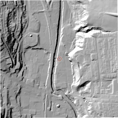 Shaded relief map of the ground around BL00GN, computed from Environment Agency LiDAR. The ground here sits at about 126 m above sea level and falls 44 m across the surrounding 800 m. Surface water reaching this point runs off ground lying to the west-north-west, 40.1 m higher.