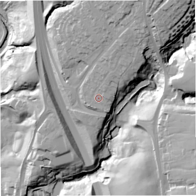 Shaded relief map of the ground around BL00LW, computed from Environment Agency LiDAR. The ground here sits at about 174 m above sea level and falls 68 m across the surrounding 800 m. Surface water reaching this point runs off ground lying to the north-north-east, 19.1 m higher.