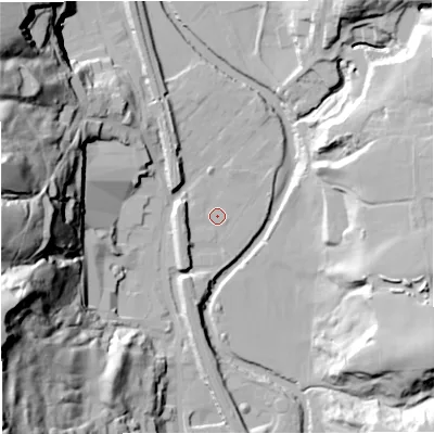 Shaded relief map of the ground around BL00NE, computed from Environment Agency LiDAR. The ground here sits at about 129 m above sea level and falls 63 m across the surrounding 800 m. Surface water reaching this point runs off ground lying to the west-south-west, 5.5 m higher.
