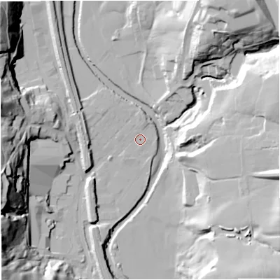 Shaded relief map of the ground around BL00NF, computed from Environment Agency LiDAR. The ground here sits at about 130 m above sea level and falls 45 m across the surrounding 800 m. Surface water reaching this point runs off ground lying to the north-north-east, 2.0 m higher.