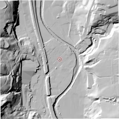 Shaded relief map of the ground around BL00NG, computed from Environment Agency LiDAR. The ground here sits at about 130 m above sea level and falls 61 m across the surrounding 800 m. Surface water reaching this point runs off ground lying to the north-east, 2.3 m higher.