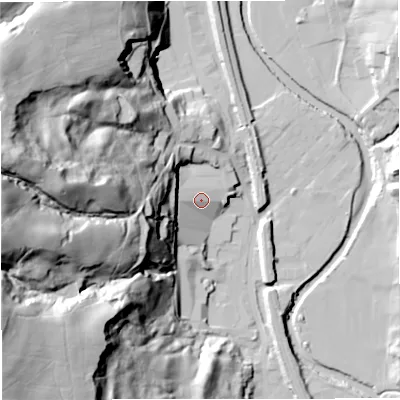 Shaded relief map of the ground around BL00NH, computed from Environment Agency LiDAR. The ground here sits at about 137 m above sea level and falls 91 m across the surrounding 800 m. Surface water reaching this point runs off ground lying to the west, 31.1 m higher.