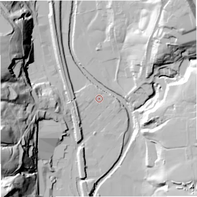 Shaded relief map of the ground around BL00NQ, computed from Environment Agency LiDAR. The ground here sits at about 132 m above sea level and falls 62 m across the surrounding 800 m. Surface water reaching this point runs off ground lying to the north, 0.8 m higher.