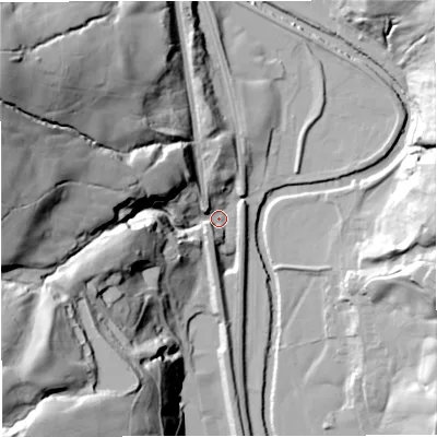 Shaded relief map of the ground around BL00NX, computed from Environment Agency LiDAR. The ground here sits at about 137 m above sea level and falls 80 m across the surrounding 800 m. Surface water reaching this point runs off ground lying to the west-north-west, 73.0 m higher.