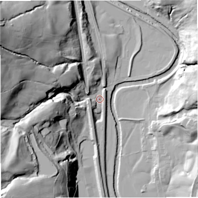 Shaded relief map of the ground around BL00NY, computed from Environment Agency LiDAR. The ground here sits at about 136 m above sea level and falls 77 m across the surrounding 800 m. Surface water reaching this point runs off ground lying to the north-west, 69.0 m higher.
