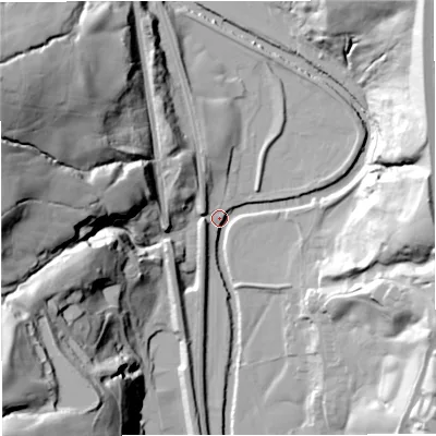 Shaded relief map of the ground around BL00NZ, computed from Environment Agency LiDAR. The ground here sits at about 133 m above sea level and falls 67 m across the surrounding 800 m. Surface water reaching this point runs off ground lying to the west-north-west, 66.0 m higher.
