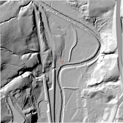 Shaded relief map of the ground around BL00PA, computed from Environment Agency LiDAR. The ground here sits at about 134 m above sea level and falls 64 m across the surrounding 800 m. Surface water reaching this point runs off ground lying to the north-north-west, 18.2 m higher.