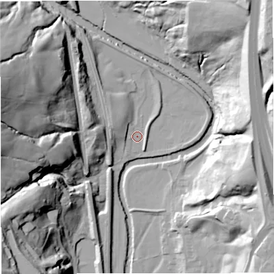Shaded relief map of the ground around BL00PB, computed from Environment Agency LiDAR. The ground here sits at about 133 m above sea level and falls 59 m across the surrounding 800 m. Surface water reaching this point runs off ground lying to the north-north-west, 8.4 m higher.