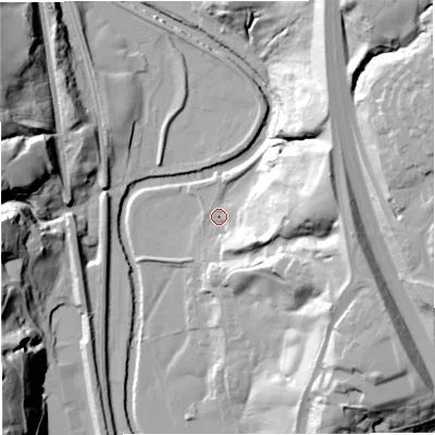 Shaded relief map of the ground around BL00PD, computed from Environment Agency LiDAR. The ground here sits at about 134 m above sea level and falls 56 m across the surrounding 800 m. Surface water reaching this point runs off ground lying to the east-north-east, 36.3 m higher.