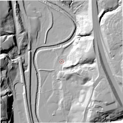 Shaded relief map of the ground around BL00PE, computed from Environment Agency LiDAR. The ground here sits at about 134 m above sea level and falls 55 m across the surrounding 800 m. Surface water reaching this point runs off ground lying to the east-south-east, 15.2 m higher.