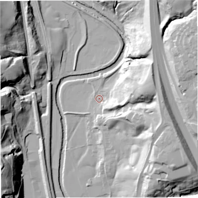 Shaded relief map of the ground around BL00PF, computed from Environment Agency LiDAR. The ground here sits at about 134 m above sea level and falls 55 m across the surrounding 800 m. Surface water reaching this point runs off ground lying to the east-north-east, 34.7 m higher.