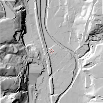 Shaded relief map of the ground around BL00PJ, computed from Environment Agency LiDAR. The ground here sits at about 132 m above sea level and falls 73 m across the surrounding 800 m. Surface water reaching this point runs off ground lying to the east-south-east, 0.7 m higher.