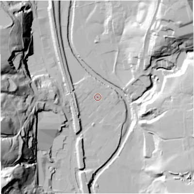 Shaded relief map of the ground around BL00PL, computed from Environment Agency LiDAR. The ground here sits at about 131 m above sea level and falls 62 m across the surrounding 800 m. Surface water reaching this point runs off ground lying to the north, 0.8 m higher.