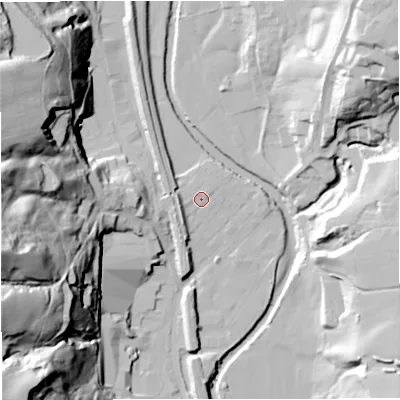 Shaded relief map of the ground around BL00PN, computed from Environment Agency LiDAR. The ground here sits at about 131 m above sea level and falls 70 m across the surrounding 800 m. Surface water reaching this point runs off ground lying to the north-east, 1.4 m higher.