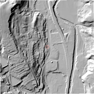 Shaded relief map of the ground around BL00PP, computed from Environment Agency LiDAR. The ground here sits at about 132 m above sea level and falls 71 m across the surrounding 800 m. Surface water reaching this point runs off ground lying to the south-west, 15.3 m higher.