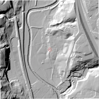 Shaded relief map of the ground around BL00PQ, computed from Environment Agency LiDAR. The ground here sits at about 134 m above sea level and falls 51 m across the surrounding 800 m. Surface water reaching this point runs off ground lying to the east-north-east, 32.2 m higher.