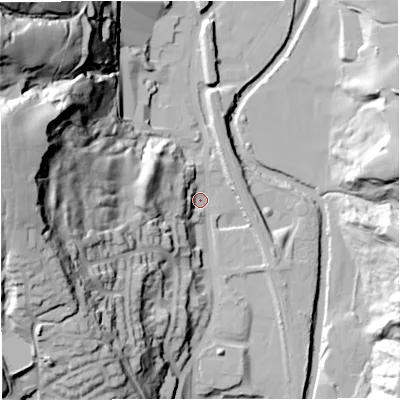 Shaded relief map of the ground around BL00PR, computed from Environment Agency LiDAR. The ground here sits at about 129 m above sea level and falls 74 m across the surrounding 800 m. Surface water reaching this point runs off ground lying to the west, 63.4 m higher.