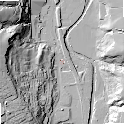 Shaded relief map of the ground around BL00PS, computed from Environment Agency LiDAR. The ground here sits at about 129 m above sea level and falls 67 m across the surrounding 800 m. Surface water reaching this point runs off ground lying to the west, 60.7 m higher.