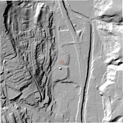 Shaded relief map of the ground around BL00PT, computed from Environment Agency LiDAR. The ground here sits at about 131 m above sea level and falls 68 m across the surrounding 800 m. Surface water reaching this point runs off ground lying to the south, 4.3 m higher.