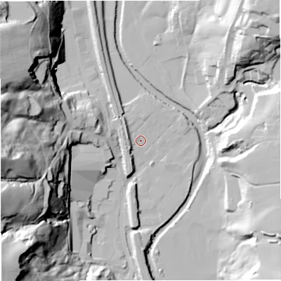 Shaded relief map of the ground around BL00PW, computed from Environment Agency LiDAR. The ground here sits at about 130 m above sea level and falls 70 m across the surrounding 800 m. Surface water reaching this point runs off ground lying to the north-west, 5.2 m higher.