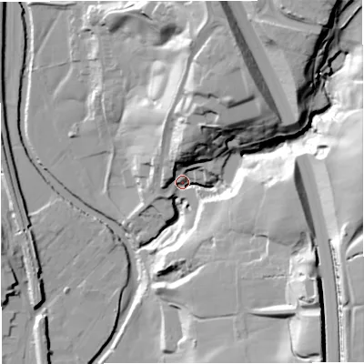 Shaded relief map of the ground around BL00PY, computed from Environment Agency LiDAR. The ground here sits at about 139 m above sea level and falls 50 m across the surrounding 800 m. Surface water reaching this point runs off ground lying to the east, 42.6 m higher.
