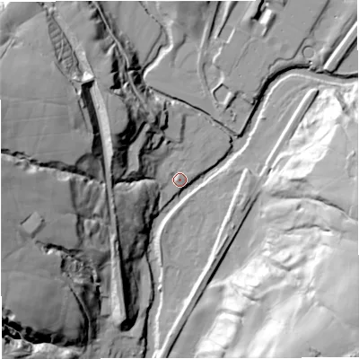 Shaded relief map of the ground around BL00QA, computed from Environment Agency LiDAR. The ground here sits at about 143 m above sea level and falls 54 m across the surrounding 800 m. Surface water reaching this point runs off ground lying to the north-west, 33.1 m higher.