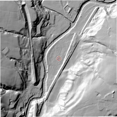 Shaded relief map of the ground around BL00QB, computed from Environment Agency LiDAR. The ground here sits at about 142 m above sea level and falls 58 m across the surrounding 800 m. Surface water reaching this point runs off ground lying to the north-east, 6.5 m higher.