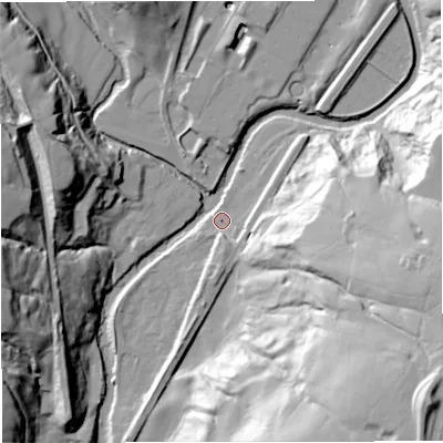 Shaded relief map of the ground around BL00QN, computed from Environment Agency LiDAR. The ground here sits at about 143 m above sea level and falls 61 m across the surrounding 800 m. Surface water reaching this point runs off ground lying to the east-south-east, 38.5 m higher.